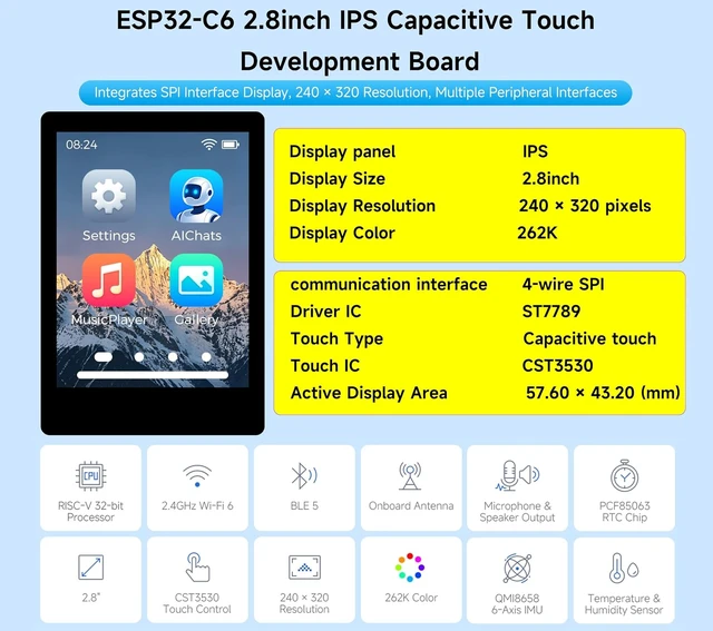 Alt view image 2 of 6 - ESP32-C6 2.8inch IPS Cap Touch Screen Dev Board, Support AI Chat,with Batt