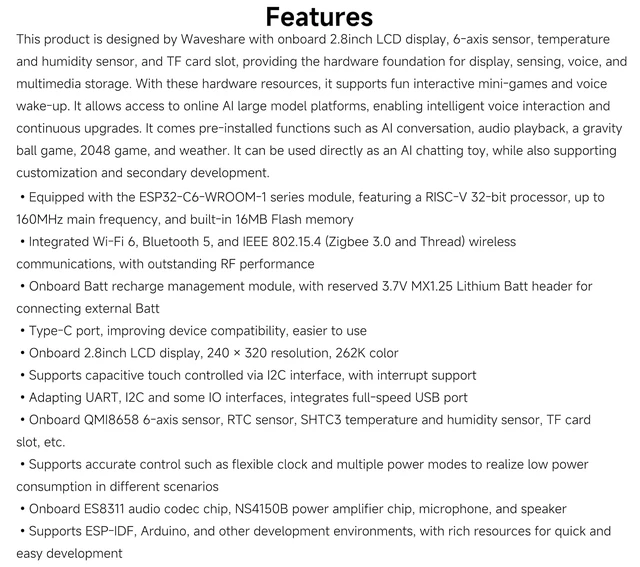 Alt view image 3 of 6 - ESP32-C6 2.8inch IPS Cap Touch Screen Dev Board, Support AI Chat,with Batt