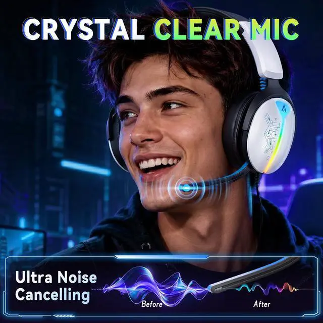 Alt view image 5 of 7 - Buwnia Ultra-Light Universal 3-in-1 Wireless Headset for PS5/PS4/PC/Switch/Xbox, 2.4G+BT5.3+Wired, <25ms Lag-Free, Breathable Pads, 7.1 Surround for FPS, NC Mic, 40H Play -White Blue