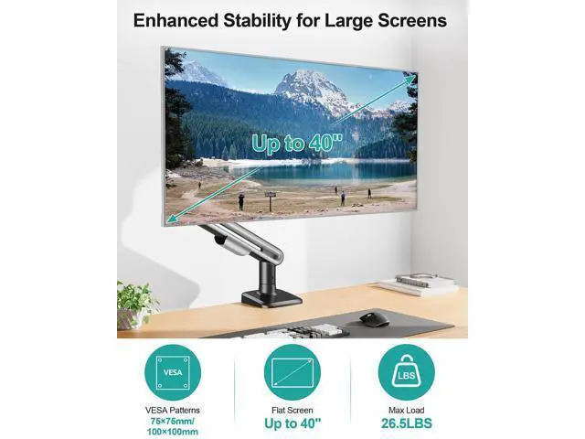 Alt view image 2 of 7 - Single Monitor Desk Mount for Max 40 Inch Screens, Adjustable Gas Spring Monitor Arm Holds up to 26.5lbs, Computer Monitor Stand with Clamp and Grommet Base, VESA Mount 75x75mm/100x100mm