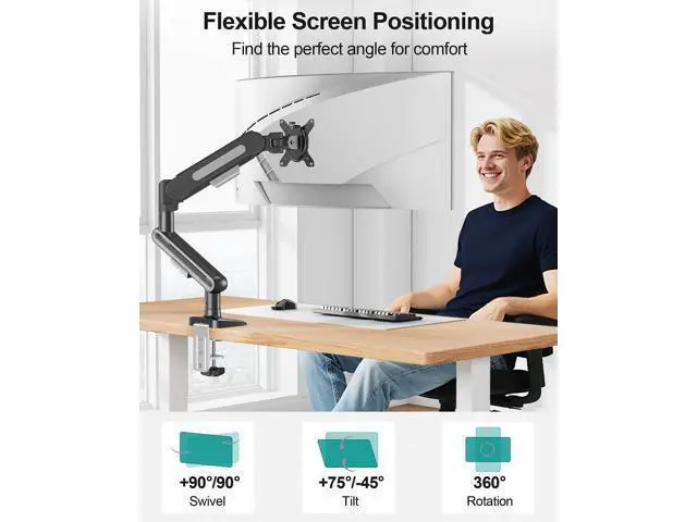 Alt view image 3 of 7 - Single Monitor Desk Mount for Max 40 Inch Screens, Adjustable Gas Spring Monitor Arm Holds up to 26.5lbs, Computer Monitor Stand with Clamp and Grommet Base, VESA Mount 75x75mm/100x100mm