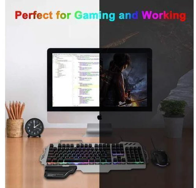 Alt view image 7 of 7 - FENIFOX Gaming Keyboard and Mouse, Wired Backlit Rainbow Ergonomic Mechanical Feeling Led Removable Hand Rest Metal Panel,for Windows PC Gamer PS4 Xbox one