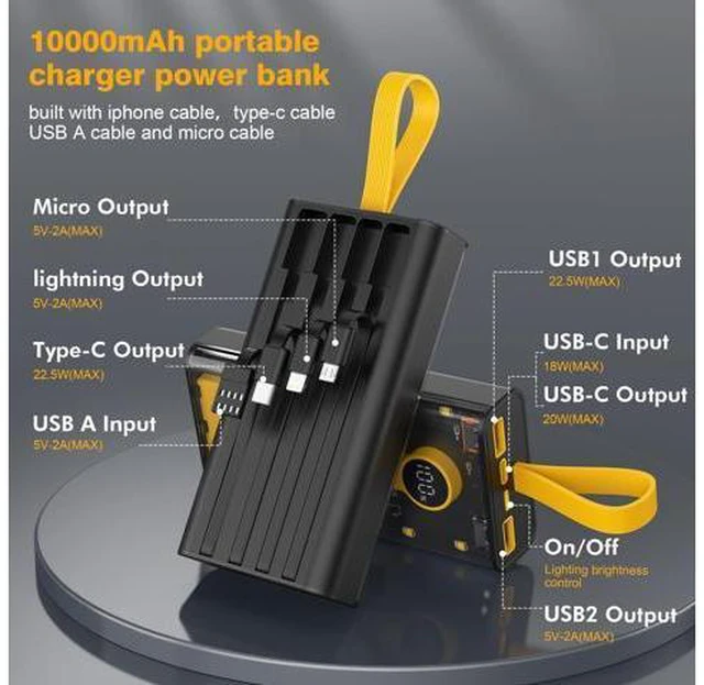 Alt view image 2 of 7 - Portable Charger 10000mAh,22.5W Fast Charging Power Bank with Built in Cables,Transparent External Battery Pack with Flashlight,USB C in&out Portable Phone Charger for iPhone Samsung Android Cellphone