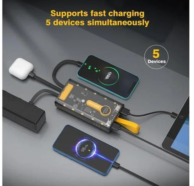 Alt view image 3 of 7 - Portable Charger 10000mAh,22.5W Fast Charging Power Bank with Built in Cables,Transparent External Battery Pack with Flashlight,USB C in&out Portable Phone Charger for iPhone Samsung Android Cellphone