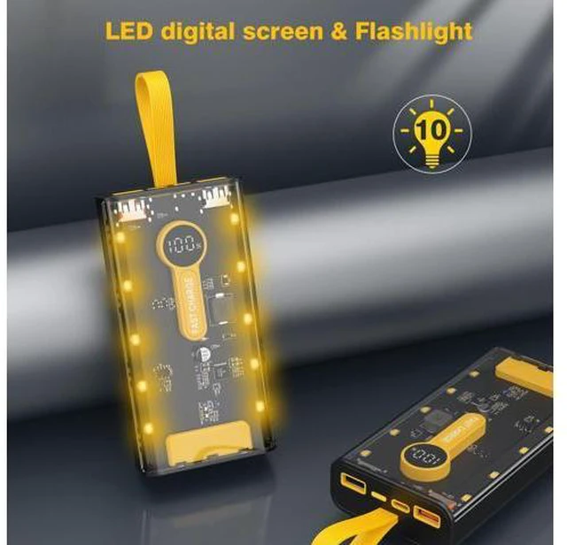 Alt view image 5 of 7 - Portable Charger 10000mAh,22.5W Fast Charging Power Bank with Built in Cables,Transparent External Battery Pack with Flashlight,USB C in&out Portable Phone Charger for iPhone Samsung Android Cellphone
