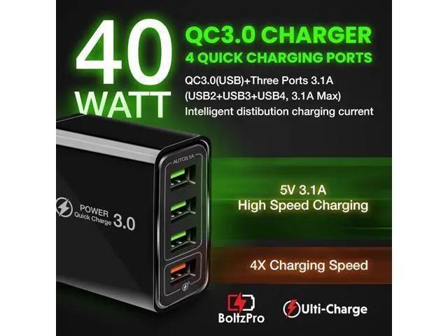 Alt view image 3 of 7 - Ulti Charger 4 Ports with Quick Charger Boltz Pro Lightning Fast Charger Fast Charging Block for Smart Phones Tablets Devices with Multiple Ports | Wall Charge for Travel & Home