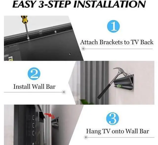 Alt view image 4 of 6 - No Stud TV Wall Mount, Drywall Studless TV Hanger No Damage, No Drill, Non Screws, Flat Screen Easy Install Bar Bracket fits VESA 12-55 inch TVs up to 99 lbs, Include Hardware Levels