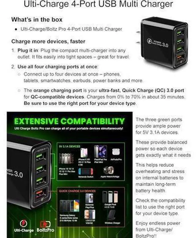Alt view image 5 of 7 - Ulti Charger 4 Ports with Quick Charger Boltz Pro Lightning Fast Charger Fast Charging Block for Smart Phones Tablets Devices with Multiple Ports | Wall Charge for Travel & Home