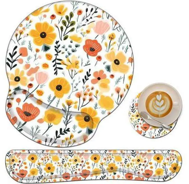 Main image of Keyboard Wrist Rest and Mouse Wrist Rest Pad with Coffee Coaster Non Slip PU Base Wrist Support with Ergonomic Raised Memory Foam for Easy Typing & Pain Relief Flowers and Plants