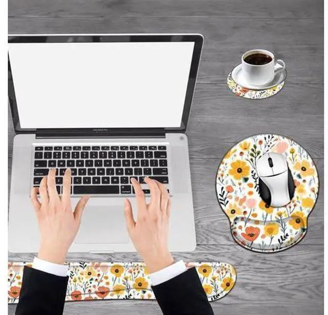 Alt view image 2 of 7 - Keyboard Wrist Rest and Mouse Wrist Rest Pad with Coffee Coaster Non Slip PU Base Wrist Support with Ergonomic Raised Memory Foam for Easy Typing & Pain Relief Flowers and Plants