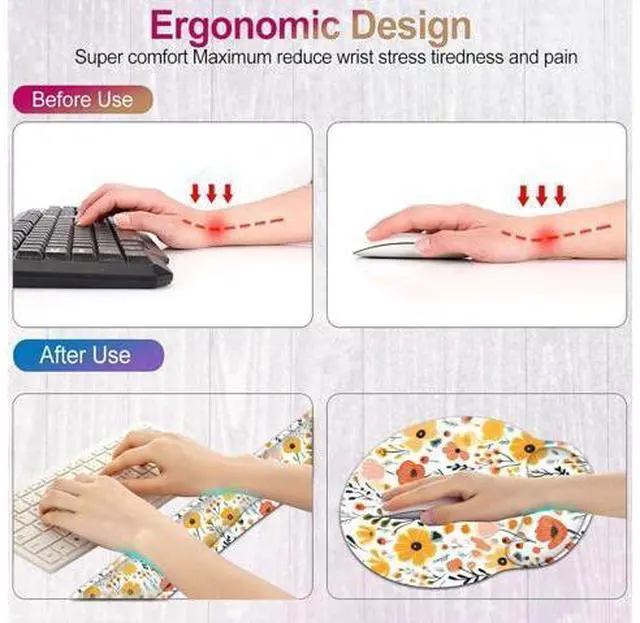 Alt view image 4 of 7 - Keyboard Wrist Rest and Mouse Wrist Rest Pad with Coffee Coaster Non Slip PU Base Wrist Support with Ergonomic Raised Memory Foam for Easy Typing & Pain Relief Flowers and Plants