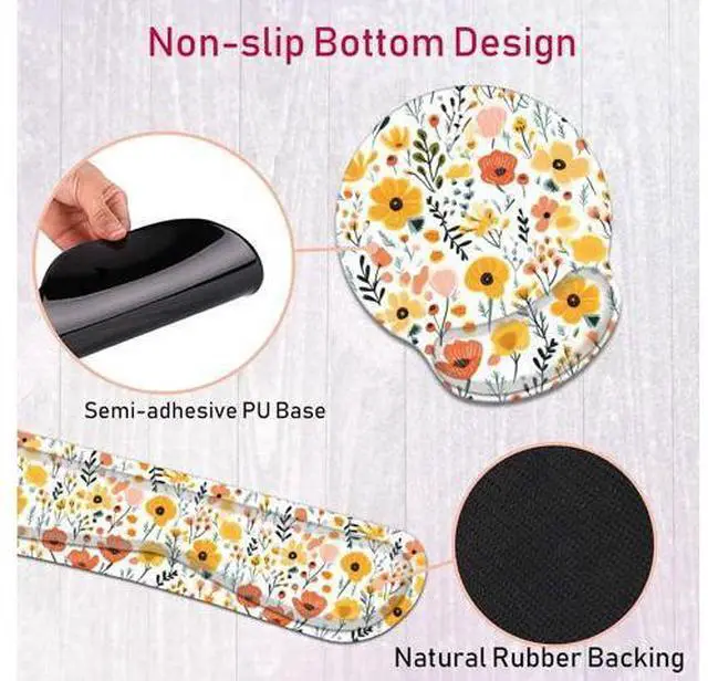 Alt view image 6 of 7 - Keyboard Wrist Rest and Mouse Wrist Rest Pad with Coffee Coaster Non Slip PU Base Wrist Support with Ergonomic Raised Memory Foam for Easy Typing & Pain Relief Flowers and Plants