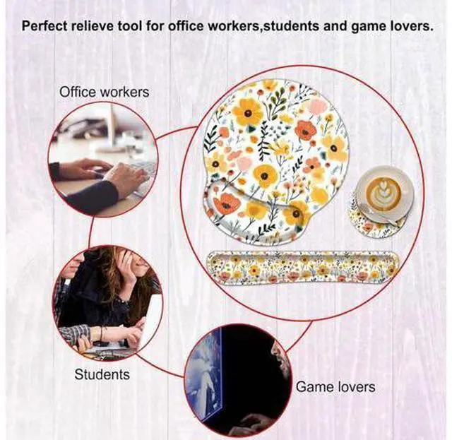 Alt view image 7 of 7 - Keyboard Wrist Rest and Mouse Wrist Rest Pad with Coffee Coaster Non Slip PU Base Wrist Support with Ergonomic Raised Memory Foam for Easy Typing & Pain Relief Flowers and Plants