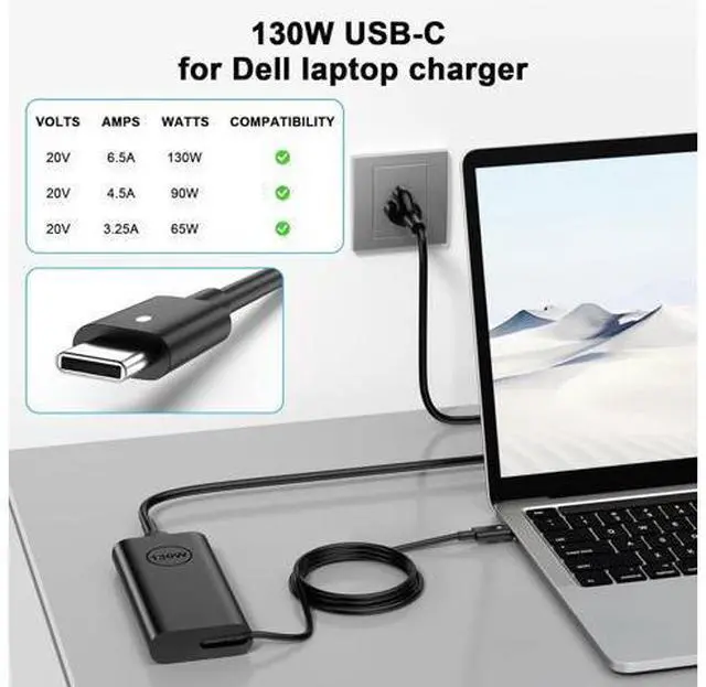 Alt view image 3 of 6 - Replacement for 130W Laptop Charger USB C Slim AC Adapter for XPS 15 17 9575 9500 9520 9700 Precision 5530 5550 5560 5570 3560 2in1 Latitude 9410 9510 Type C AC Power Cord