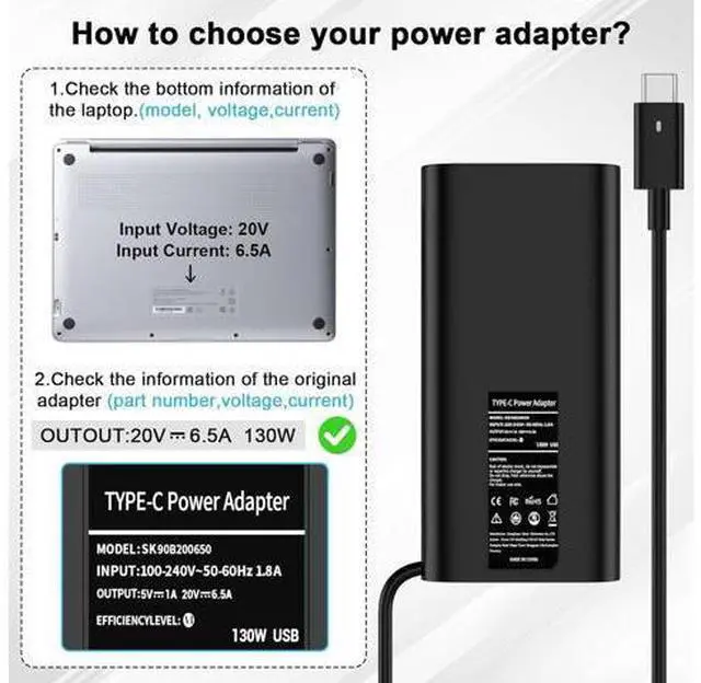 Alt view image 2 of 6 - Replacement for 130W Laptop Charger USB C Slim AC Adapter for XPS 15 17 9575 9500 9520 9700 Precision 5530 5550 5560 5570 3560 2in1 Latitude 9410 9510 Type C AC Power Cord