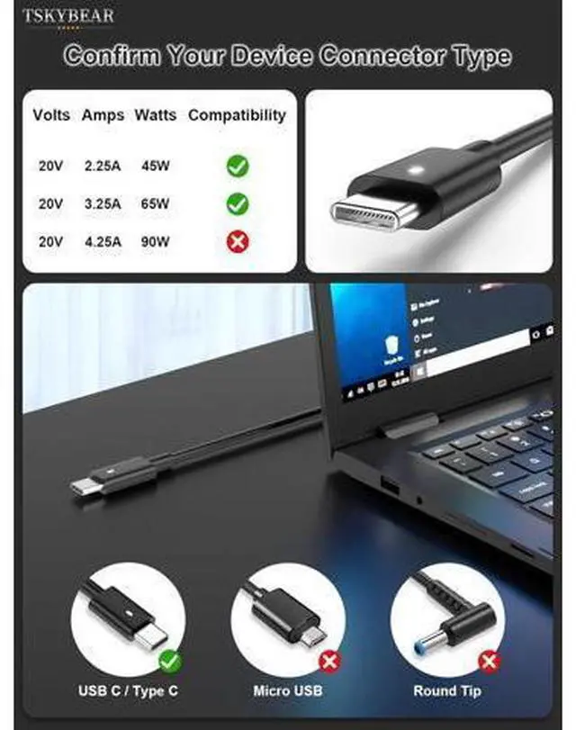 Alt view image 2 of 7 - 65W 45Watt Compatible with Laptop USB C Charger Latitude 5420 5520 5320 7420 5430 7390 7320 7400 XPS 13 Chromebook 3100 Computer Type C Fast Charging AC Adapter Power Supply Cord