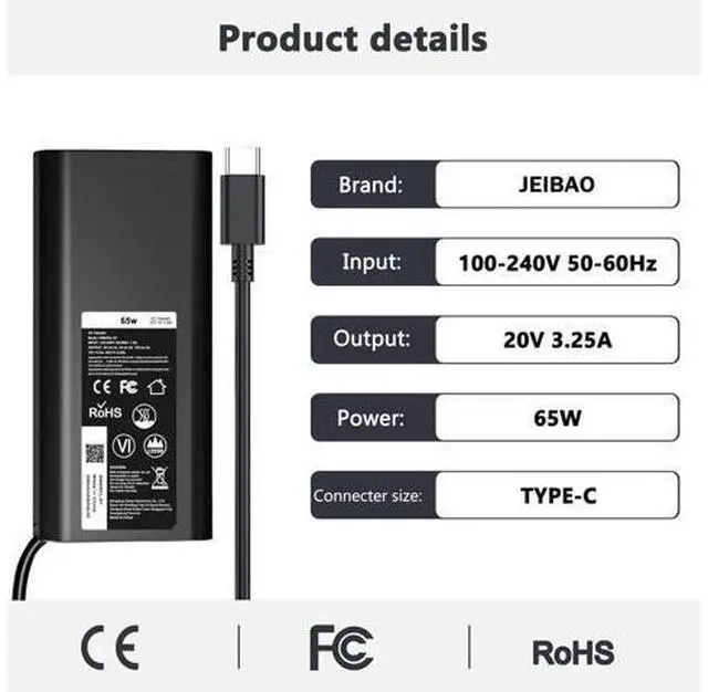 Alt view image 2 of 7 - 65W 45W USB-C Laptop Charger Compatible with Latitude 5530 5420 5430 5520 5540 7430 7420 7440 7340 7530 7330 7320 XPS 13 9250 9360 9365 9370 9380 9350 9550 Adapter Power Cord