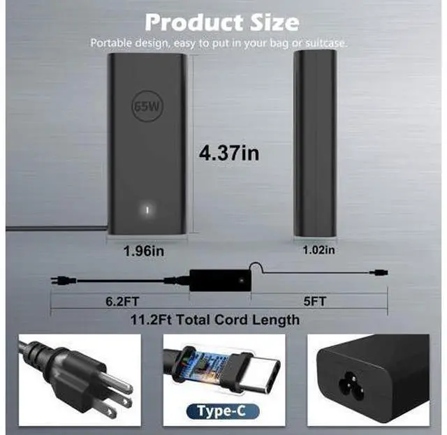 Alt view image 3 of 7 - 60W 65W USB Type C Power Adapter Cord Compatible with Laptop Charger USB C Computer Pro 13 14 16 Plus Latitude 5420 7410 5450 5540 5550 3540 3550 7420 5330 7440 5530 XPS 13 Chromebook