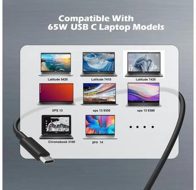 Alt view image 7 of 7 - 60W 65W USB Type C Power Adapter Cord Compatible with Laptop Charger USB C Computer Pro 13 14 16 Plus Latitude 5420 7410 5450 5540 5550 3540 3550 7420 5330 7440 5530 XPS 13 Chromebook