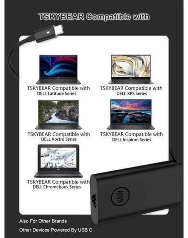 Alt view image 6 of 7 - 65W 45Watt Compatible with Laptop USB C Charger Latitude 5420 5520 5320 7420 5430 7390 7320 7400 XPS 13 Chromebook 3100 Computer Type C Fast Charging AC Adapter Power Supply Cord