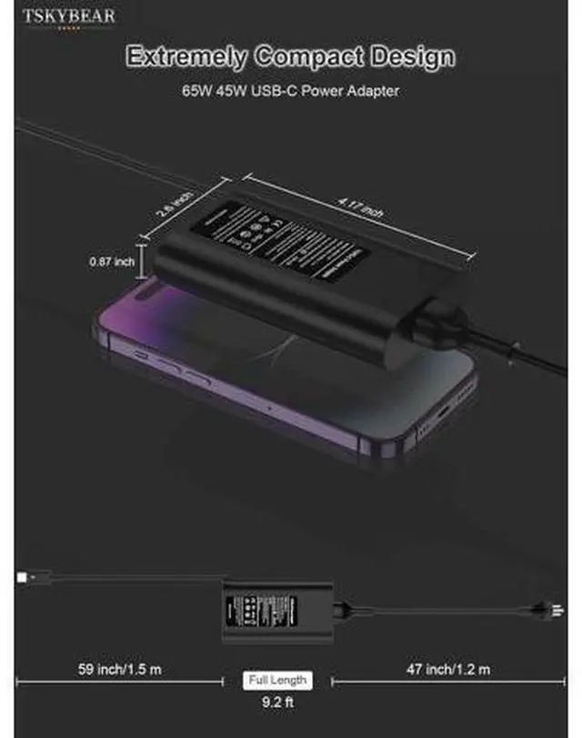 Alt view image 3 of 7 - 65W 45Watt Compatible with Laptop USB C Charger Latitude 5420 5520 5320 7420 5430 7390 7320 7400 XPS 13 Chromebook 3100 Computer Type C Fast Charging AC Adapter Power Supply Cord