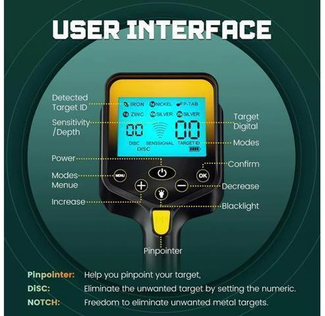 Alt view image 5 of 7 - Metal Detector for Adults Waterproof - 2000mAh Chargeable Professional Cordless Gold Detector with LCD Display, Retractable Foldable Higher Accuracy Metal Detector with 10" IP68 Coil - OKESAM