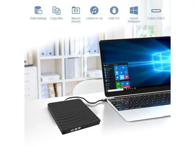 Alt view image 2 of 7 - External DVD Drive, Portable USB 3.0 Type-C CD/DVD Rewriter Burner Drive for Laptop Desktop PC Computer Windows Linux OS Apple Mac MacBook Pro Air iMac - High Speed Data Transfer, Black