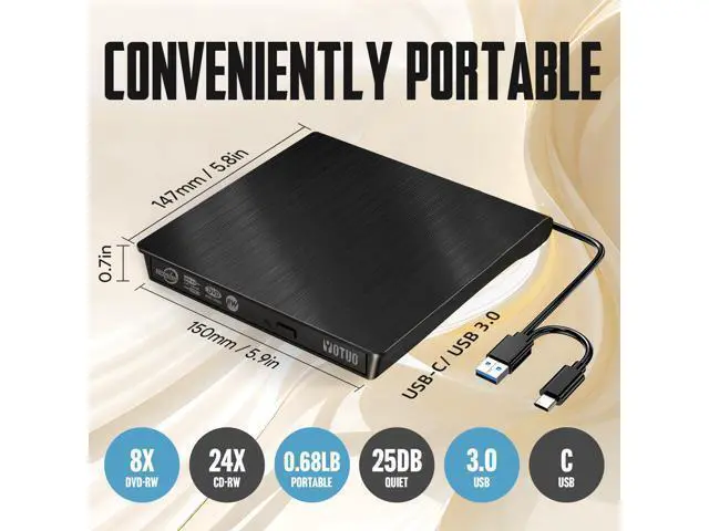 Alt view image 3 of 6 - External CD/DVD Drive, Portable USB 3.0 & USB-C CD RW Drive, DVD Player, DVD Burner for Laptop, Desktop, Compatible with Windows 7/8/10/11, Mac, MacBook Pro/Air, Linux