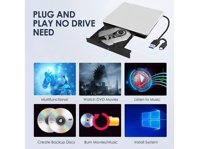 Alt view image 2 of 6 - External CD/DVD Drive for Laptop, Type-C CD/DVD Player USB 3.0 Portable Burner Writer Reader Compatible with Mac MacBook Pro/Air iMac Desktop Windows 7/8/10/XP/Vista(White)