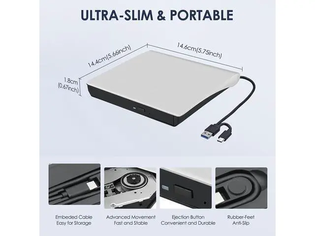 Alt view image 6 of 6 - External CD/DVD Drive for Laptop, Type-C CD/DVD Player USB 3.0 Portable Burner Writer Reader Compatible with Mac MacBook Pro/Air iMac Desktop Windows 7/8/10/XP/Vista(White)