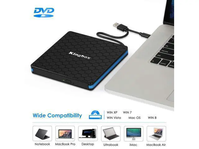 Alt view image 3 of 5 - Kingbox External DVD Drive, Portable USB 3.0 Type-C CD/DVD Rewriter Burner Drive for Laptop Desktop PC Computer Windows Linux OS Apple Mac MacBook Pro Air iMac - High Speed Data Transfer - Black
