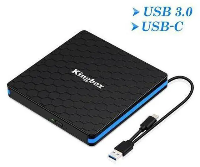 Main image of Kingbox External DVD Drive, Portable USB 3.0 Type-C CD/DVD Rewriter Burner Drive for Laptop Desktop PC Computer Windows Linux OS Apple Mac MacBook Pro Air iMac - High Speed Data Transfer - Black