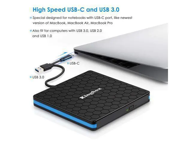 Alt view image 2 of 5 - Kingbox External DVD Drive, Portable USB 3.0 Type-C CD/DVD Rewriter Burner Drive for Laptop Desktop PC Computer Windows Linux OS Apple Mac MacBook Pro Air iMac - High Speed Data Transfer - Black