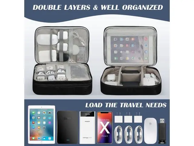 Alt view image 2 of 7 - C Large Electronic Organizer, Double Layer Portable Waterproof Travel Cable Organizer Bag Pouch for Electronics Accessories, Travel Storage Bag for Tablet,Cable,Cord,Charger,Earphones(Black)