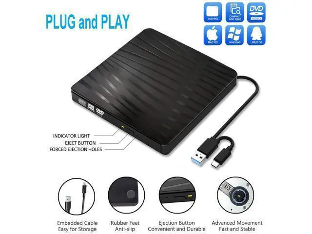 Alt view image 3 of 7 - BDYING USB 3.0 External DVD Drive,Portable Slim USB 3.0&USB-C CD DVD +/-RW Drive Burner CD/DVD Player Writer,High Speed Transfer for Laptop MacBook Desktop iMac Mac OS Windows XP/7/8/10/Vista(Black)