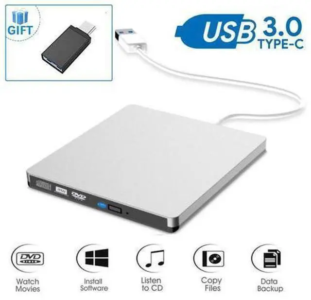 Main image of USB 3.0 External DVD Drive,Portable Slim USB 3.0&USB-C CD DVD +/-RW Drive Burner CD/DVD Player Writer,High Speed Transfer for Laptop MacBook Desktop iMac Mac OS Windows XP/7/8/10/Vista(Silver)