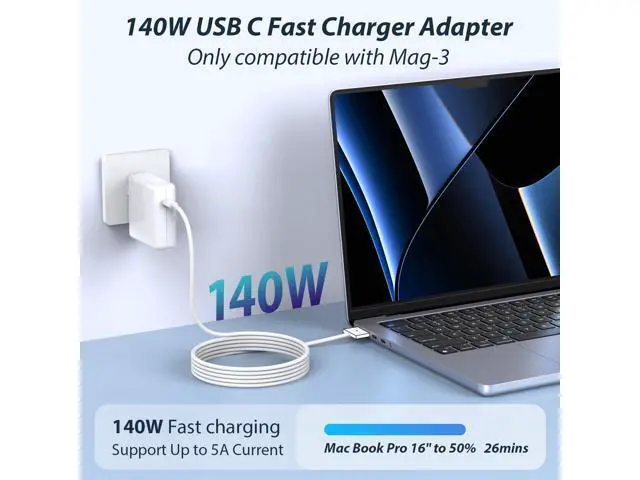 Alt view image 4 of 5 - 140W Charger for MacBook Pro 16 14 inch Mac Air 15 13 inch 2025 2024 2023 2022 2021 M1M4 Type C Fast Charger Power Adapter & 6.6FT Type C to Magnetic 3 Cable LED Applicable 2021-2025
