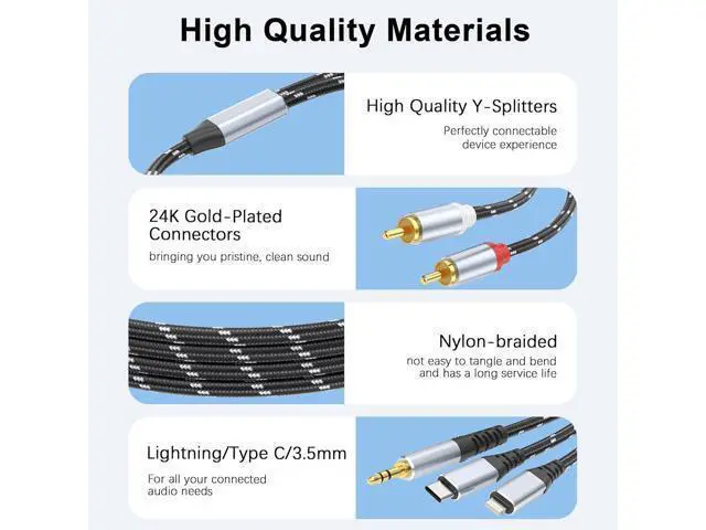 Alt view image 3 of 7 - 3.5mm to RCA Cable Lightning to RCA Male to Aux Audio Adapter HiFi Sound Headphone Jack Adapter (3 in 1 Audio Cable) Connector for iPhone/iPad Speaker MP3 Tablet HDTV(6FT)