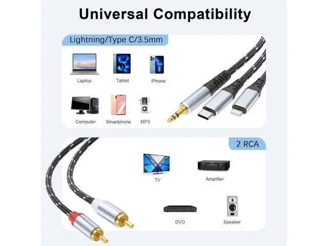 Alt view image 2 of 7 - 3.5mm to RCA Cable Lightning to RCA Male to Aux Audio Adapter HiFi Sound Headphone Jack Adapter (3 in 1 Audio Cable) Connector for iPhone/iPad Speaker MP3 Tablet HDTV(6FT)