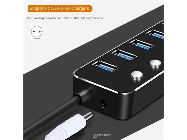 Alt view image 3 of 4 - USB 3.0 Power Adapter 7 Ports Aluminum Alloy Splitter Hub USB Multi Extender Switch 1.2M Cable Hub Kit USB Hub 3.0 EU Plug B-N33