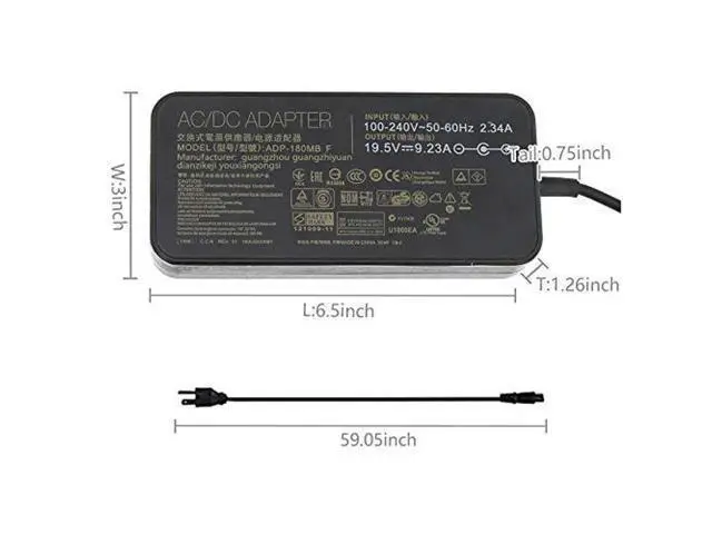 Alt view image 3 of 5 - 19.5V 9.23A 180W Laptop Charger ADP-180MB F Fit for Asus ROG G750JM G751JM G750JS G75VW G75VX GL502VT G750JW G750JM G750JX G751JL G751JM G752VL G-Series Gaming Laptop AC Adapter