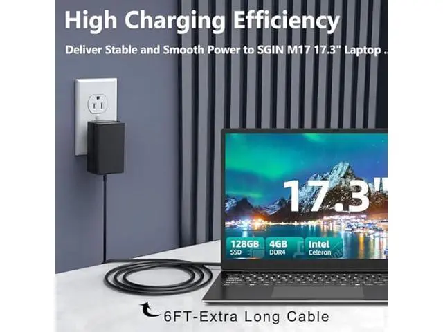 Alt view image 2 of 7 - 12V AC Adapter Charger for SGIN M17 Pro M17Pro M17S 17 Inch 17.3 Windows 11 Laptop Notebook Computer PC Power Supply Adaptor Cord Wall Plug