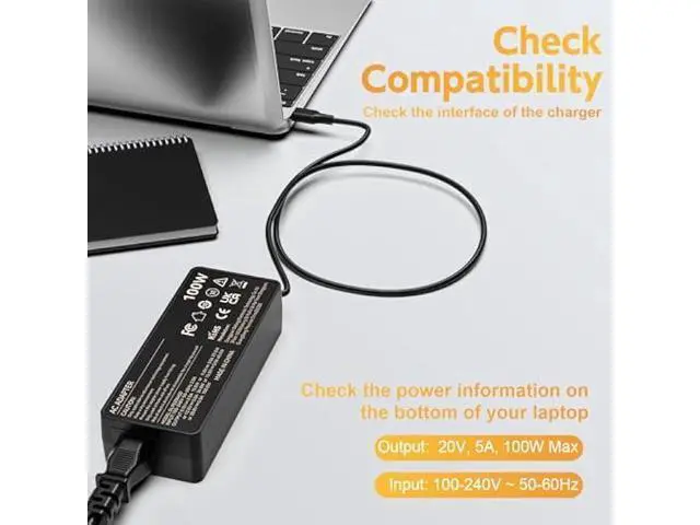Alt view image 2 of 6 - 100W USB C Laptop Charger, Fast Charger Compatible with Lenovo ThinkPad, Yoga, HP, Asus, Acer, Dell, MSI, MacBook Pro/Air Laptops and Tablets; Universal Type C Chromebook Laptop Power Supply Cord