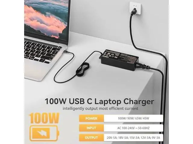 Alt view image 3 of 6 - 100W USB C Laptop Charger, Fast Charger Compatible with Lenovo ThinkPad, Yoga, HP, Asus, Acer, Dell, MSI, MacBook Pro/Air Laptops and Tablets; Universal Type C Chromebook Laptop Power Supply Cord