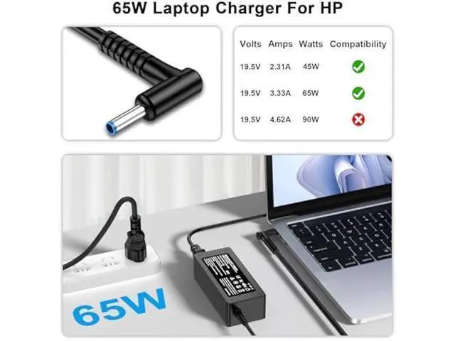 Alt view image 3 of 7 - Charger Compatible with HP Laptop Charger 65W 45W Computer Charger Smart Blue Tip Power Adapter 6FT AC Cord