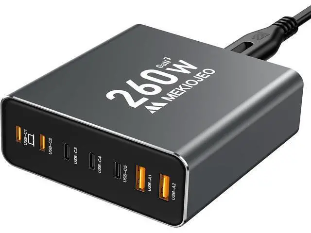Alt view image 7 of 7 - Aluminum Alloy 260W USB C Charger GaN Fast USB C Charging Station 7 Ports 65W Laptop Charger for MacBook Pro/Air/iPad Pro/iPhone (Gray)
