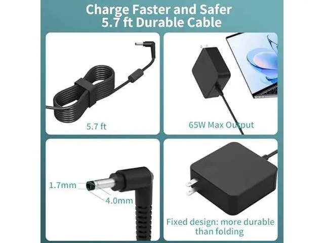 Alt view image 3 of 7 - Charger for Lenovo Laptop 65W/45W, Round Tip AC Adapter for IdeaPad 1/3/5, Slim 3/5/7, Flex/Pro Series, S/C Series, Fast Charging, Overheat Protection, Longer Cable for Office, Travel, and Home Use