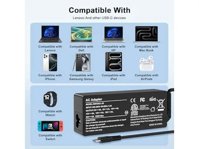 Alt view image 3 of 6 - 100W USB C Fast Charger Power Adapter Compatible with Lenovo Thinkpad,MacBook Pro/Air, iPad Pro,HP,Dell,Asus All USB-C Device
