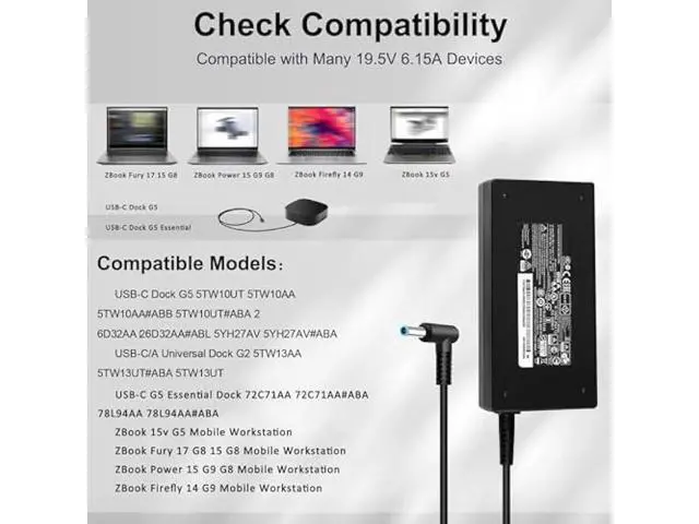 Alt view image 3 of 6 - 120W 6.15A Charger 710415-001 L41856-001 for HP USB-C Dock G5 5TW10UT 5TW10AA 5TW10AA#ABB 5TW10UT#ABA USB-C/A Universal Dock G2 5TW13AA HP Omen 15-5000 15-5100 15-5200 Laptop Charger