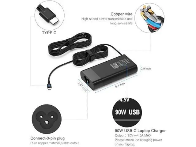 Alt view image 2 of 7 - New Slim 90W USB C Laptop Charger Compatible with HP Spectre x360 HP 904144-850 904082-003 adp-90fe 2ln85aa TPN-DA08 L45440-003 EliteBook 1040 G4 Hp 90w USB-c Type C AC Adapter Power Supply Cord